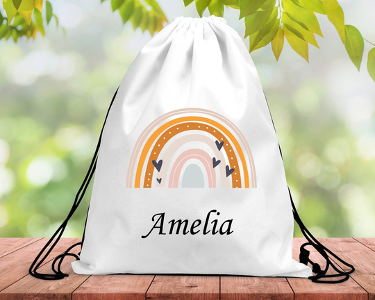 Personalised Drawstring Pump Bag, Swim Bag, Pe Kit Rainbow Design School Girls Back To Bag