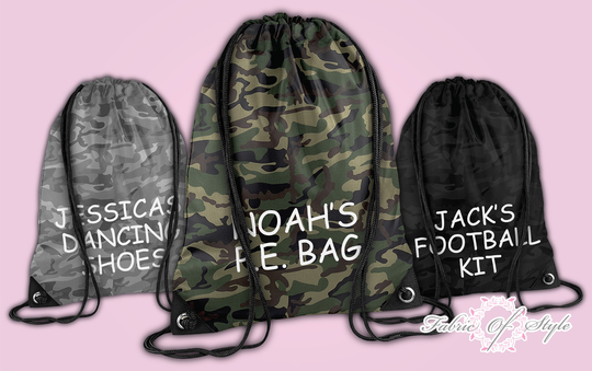 Personalised Camo Pe Kit School Back To Boys Gym Camping Kids Drawstring Bag