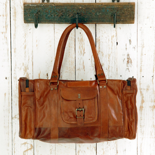 Reworked Personalised Recycled Leather Weekend Bag - Large Brown Gym Holdall Duffle Overnight Travel For Him