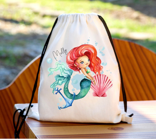 Personalised Red Hair Mermaid Drawstring Bag, P.e Kit Back To School Nursery Kids Swim Gym Dance