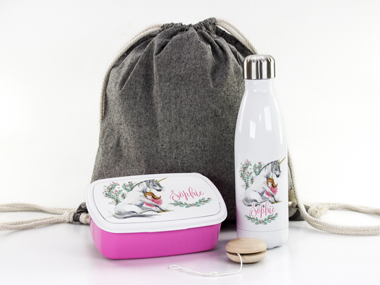 Gift Set For School, Personalized With Desired Name, Motif Unicorn & Princess, Bread Box, Drinking Bottle Bag School Daycare