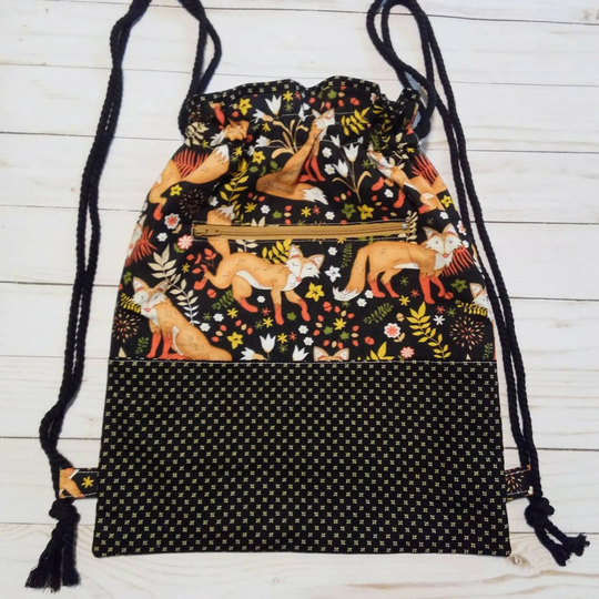 Forest Fox Cinch Backpack, Foxy Print Lined Cotton Fabric Drawstring Tote, Zippered Pocket, Handmade Usa