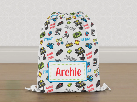 Personalised Gaming Gamers Gym Bag, Controllers Boys Girls Kids Drawstring Childrens School Pe Swim Bag | Customise With Any Name