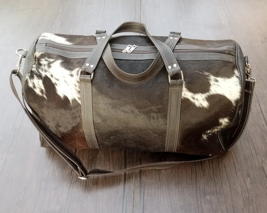 Real Cowhide Leather Duffel Bag Large Travel Tricolor Patchwork Brown Weekender Gym Overnight