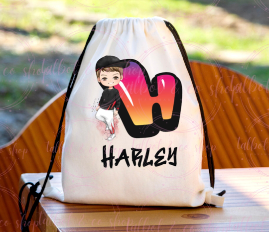 Personalised Graffiti Boy Letter Name Drawstring Bag, P.e Kit Back To School Nursery Kids Swim Gym Dance
