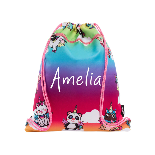 Personalised Kids Drawstring Bag With Zipped Pocket Pe Swimming Unicorn Gym School For Boys Girls