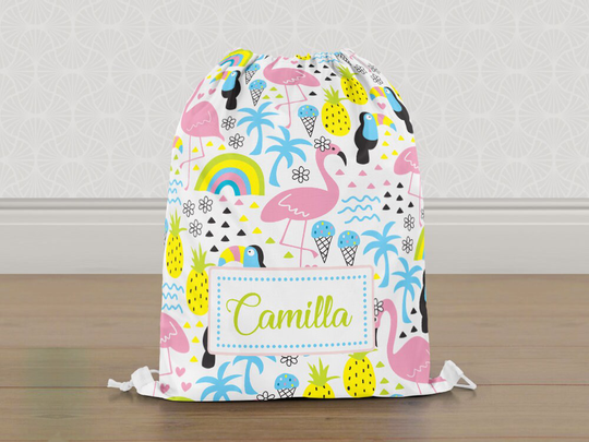 Personalised Tropical Flamingo Gym Bag, Girls Kids Drawstring Childrens School Pe Swim Bag | Customise With Any Name