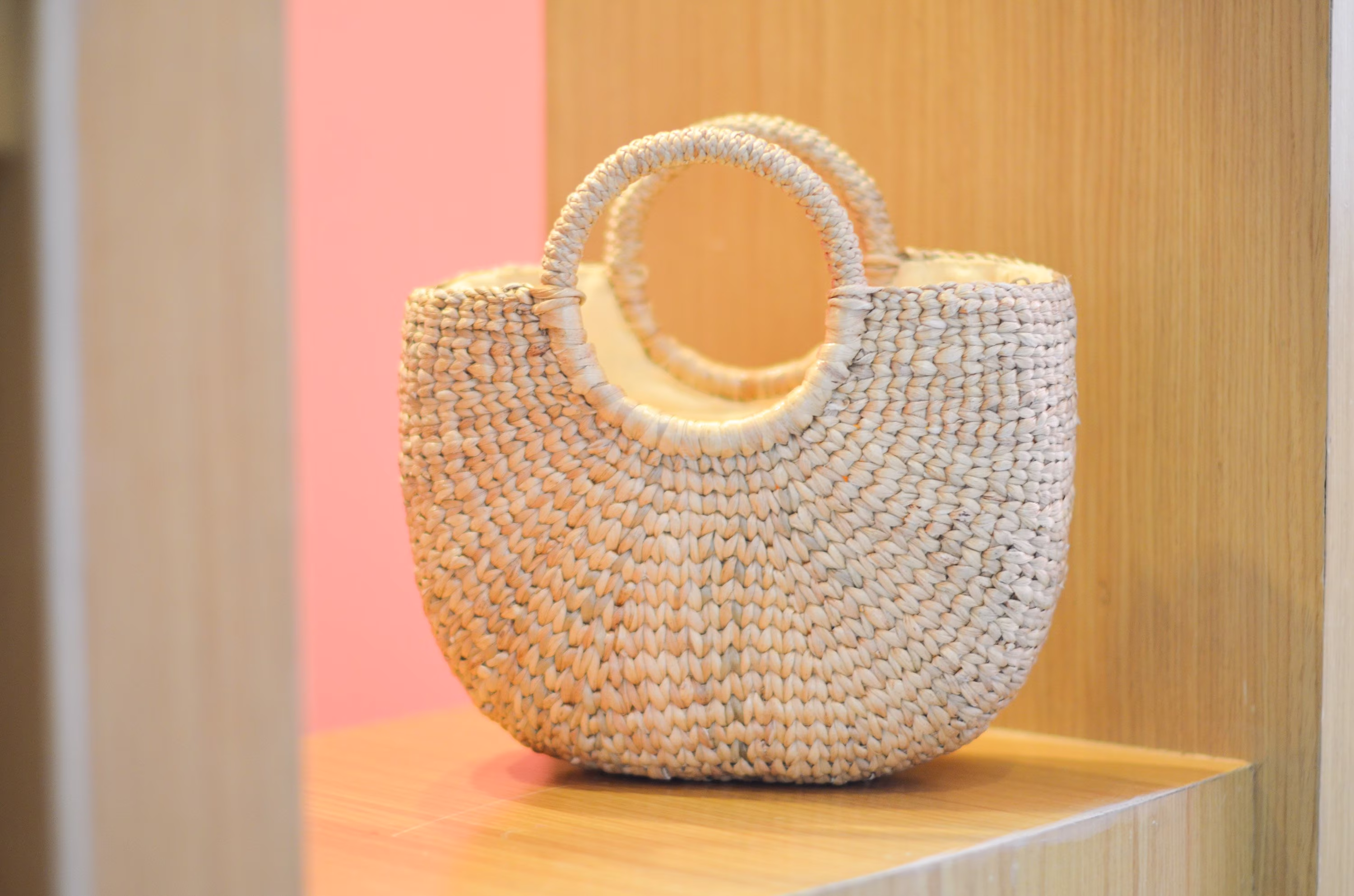 Small Straw Bag Cream Lining Weaving Seagrass Top Handle Handmade Boho Straw Purse