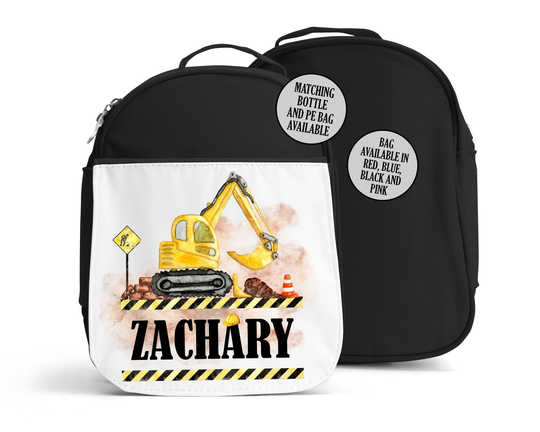 Personalised Excavator Digger Lunch Bag, Bottle Bundle, Back To School Cool Bag Box, Kids Toddler Nursery, Construction Vehicle Design