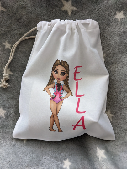 Personalised Gymnastics Drawstring Bag, White, 25cm X 30cm, With Choice Of 36 Gymnasts. Pink, Black & Turquoise Leotard
