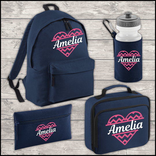 Personalised 12 Litre Backpack - Water Bottle Lunch Bag Pencil Case Back To School Heart With Name Navy