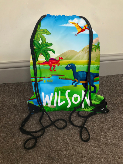 Personalised Children's Dinosaur 1 Drawstring Gym Bag, Any Name, Back To School, Colourful, Sports, Pe, Gift