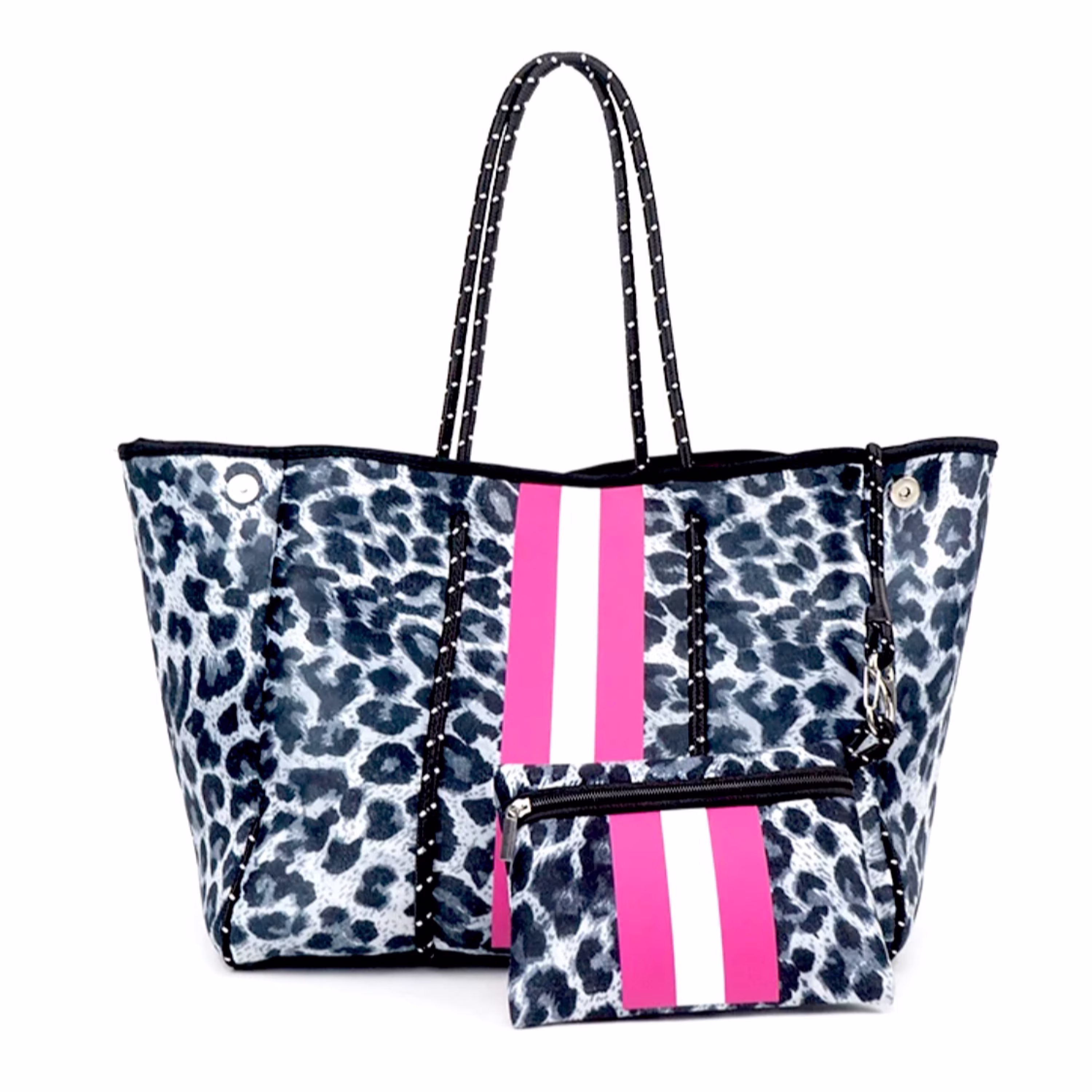 Black & Pink Leopard Neoprene Tote Carry All Black Stripe Beach Bag Large