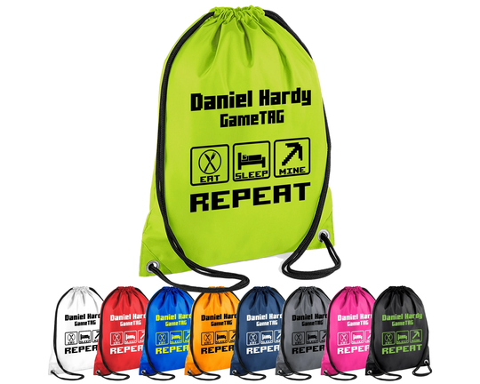 Eat Sleep Mine Repeat - Kids Gym Bag Free Personalise Name & Gametag Option