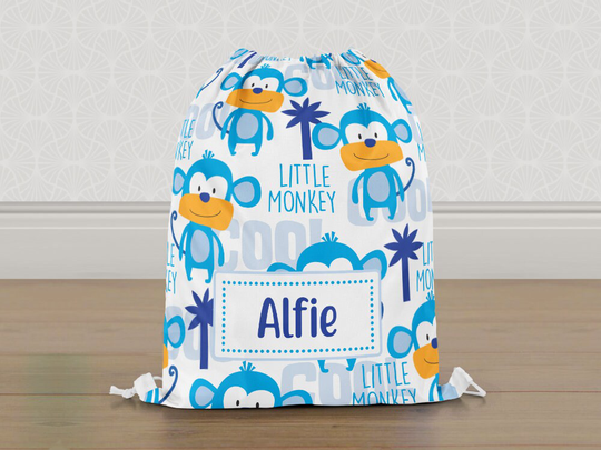 Personalised Little Monkey Gym Bag, Boys Girls Kids Drawstring Childrens School Pe Swim Bag | Customise With Any Name