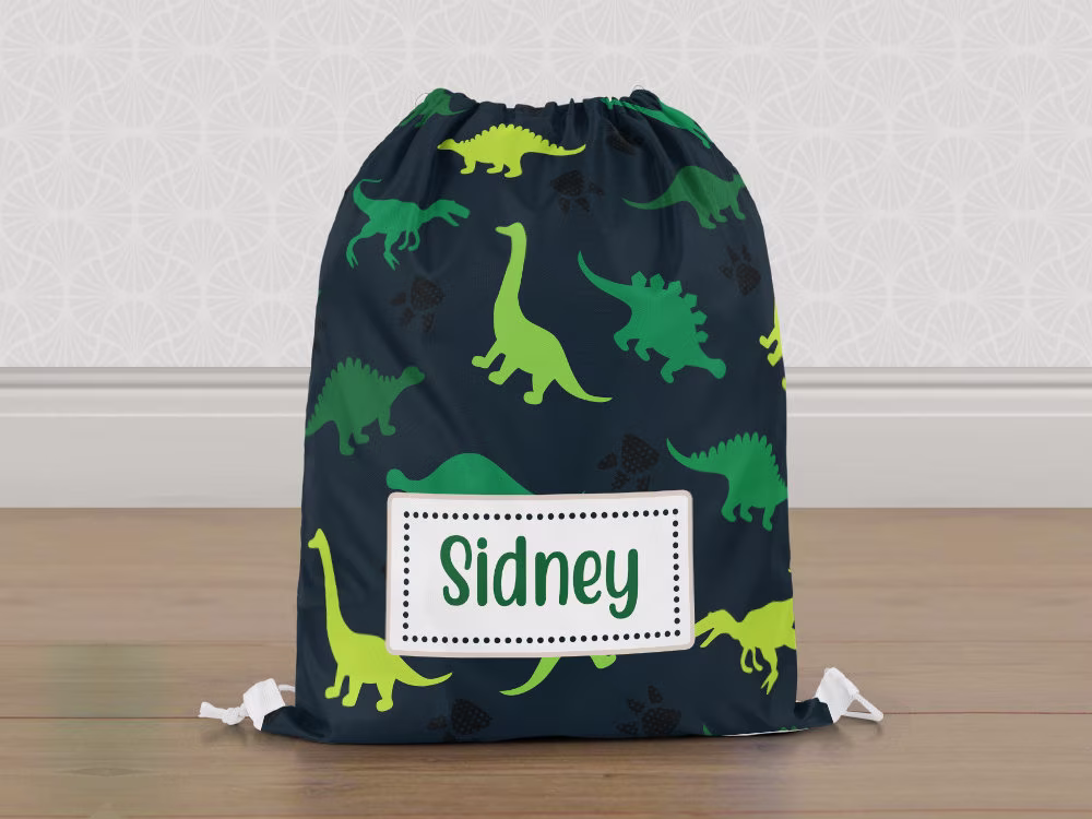 Personalised Dinosaur Gym Bag, Green Dino Boys Kids Drawstring Childrens School Pe Swim Bag | Customise With Any Name