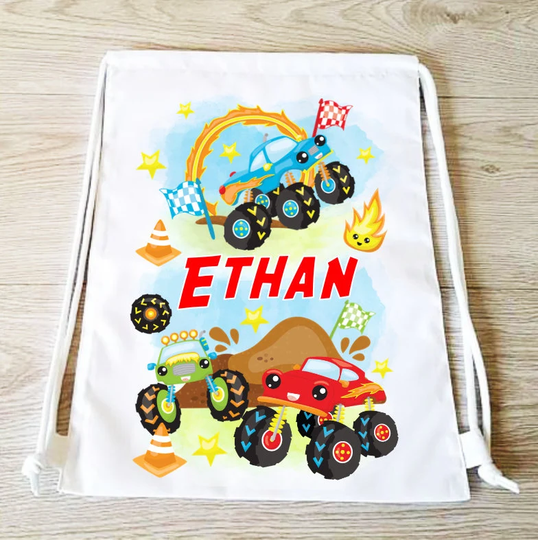 Monster Truck Drawstring Backpack Bag Pe Gym Boys Girls Sports Personalised School Swim Tote Cars