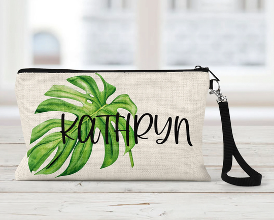 Monstera Leaf Makeup Bag, Personalized, Natural Linen, Zipper Pouch, Tech Accessory Art Or Journaling Pouch