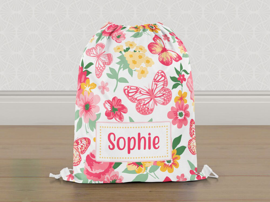 Personalised Floral Flowers Butterfly Gym Bag, Girls Kids Drawstring Childrens School Pe Swim Bag | Customise With Any Name