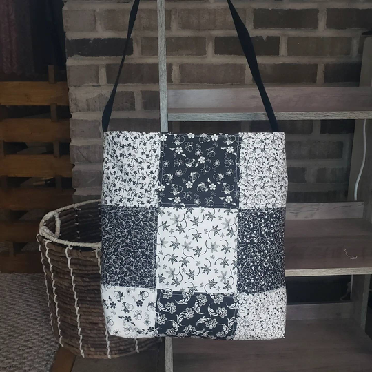 Carrier For Ipad Or Laptop, Quilted Tote, Tote Bag, Black & White, Flowers, Monochrome, Hand Made, Gift Loved Ones, Custom Made
