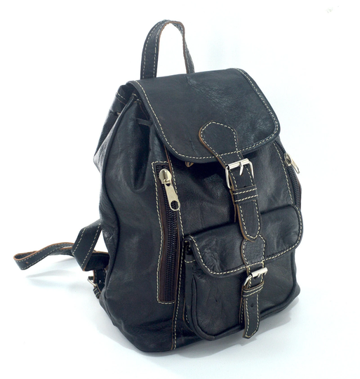 Black Handcrafted Moroccan Genuine Leather Rack Sack. 1 Front Pockets Buckled Pockets 2 Front Side Zippered H35 W27 D13 cm