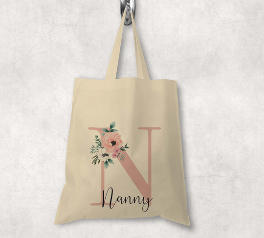 Nanny Tote Bag Shopping Tote Initial Large Floral Letter Natural Colour
