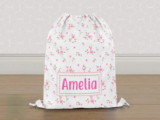 Personalised Floral Flowers Gym Bag, Girls Kids Drawstring Childrens School Pe Swim Bag | Customise With Any Name