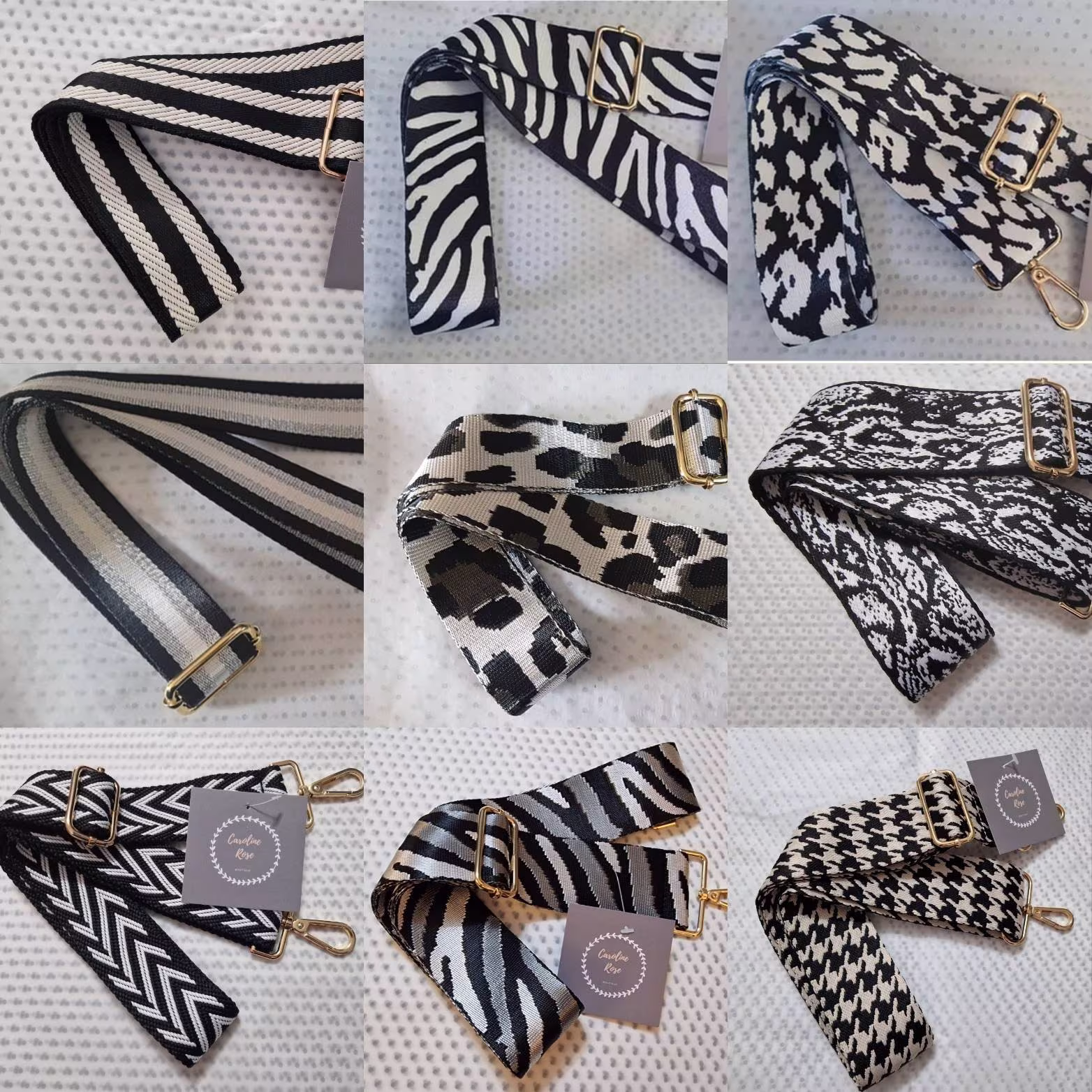 Black & White Patterned Changeable Bag Straps - Gold Hardware