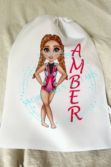Personalised Gymnastics Drawstring Gymsac, Pe Bag, Backpack, White, Choice Of 36 Gymnasts. Pink, Turquoise & Silver Leotard
