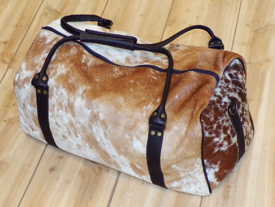 Cowhide Leather Duffel Bag Large Travel Brown & White Weekender Gym Overnight Traveller