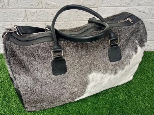 Real Cowhide Leather Duffel Bag Large Travel Grey White Patchwork Black Weekender Gym Overnight