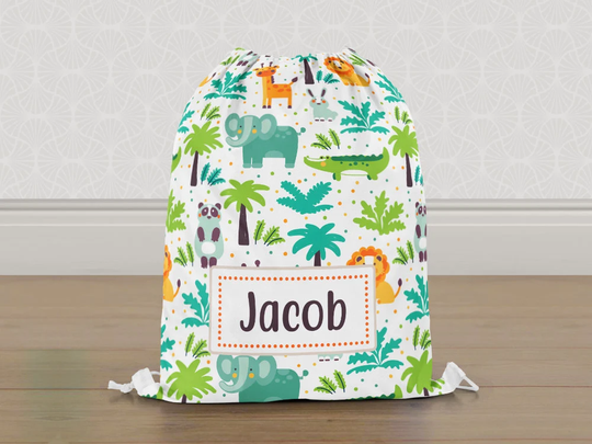 Personalised Safari Zoo Animals Gym Bag, Boys Girls Kids Drawstring Childrens School Pe Swim Bag | Customise With Any Name
