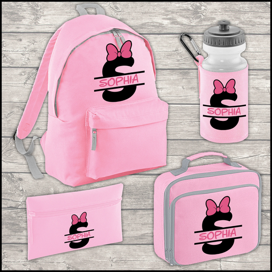 Personalised Name, Initial & Bow 12 Litre Backpack Water Bottle Lunch Bag Free Pencil Case Back To School Kids Junior Size