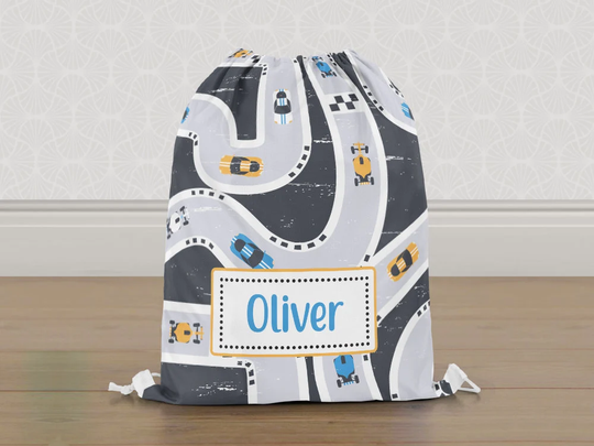 Personalised Cars Race Track Gym Bag, Boys Kids Drawstring Childrens School Pe Swim Bag | Customise With Any Name