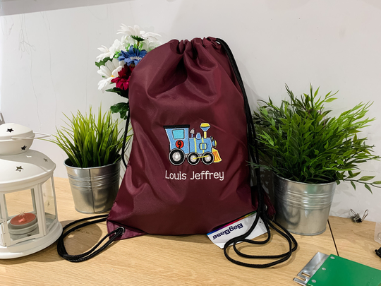 Personalised Train Drawstring Bag, Embroidered Train, School Gymsac, Kids Pe Bag, Swimming Kit Bag