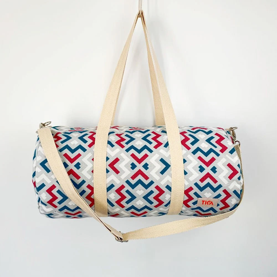 Gym & Weekend Bag - Zig Zag With Zipper Pocket For Vegans Handmade Gift With Cotton