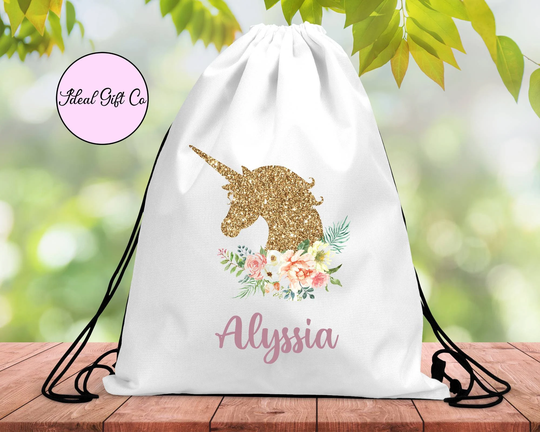 Personalised Unicorn Drawstring Pump Bag, Swim Bag, Pe Kit Glitter Design School Back To Bag