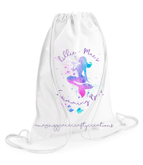 Personalised Swimming Bag, Mermaid Personalised Gym Drawstring Children's Bag
