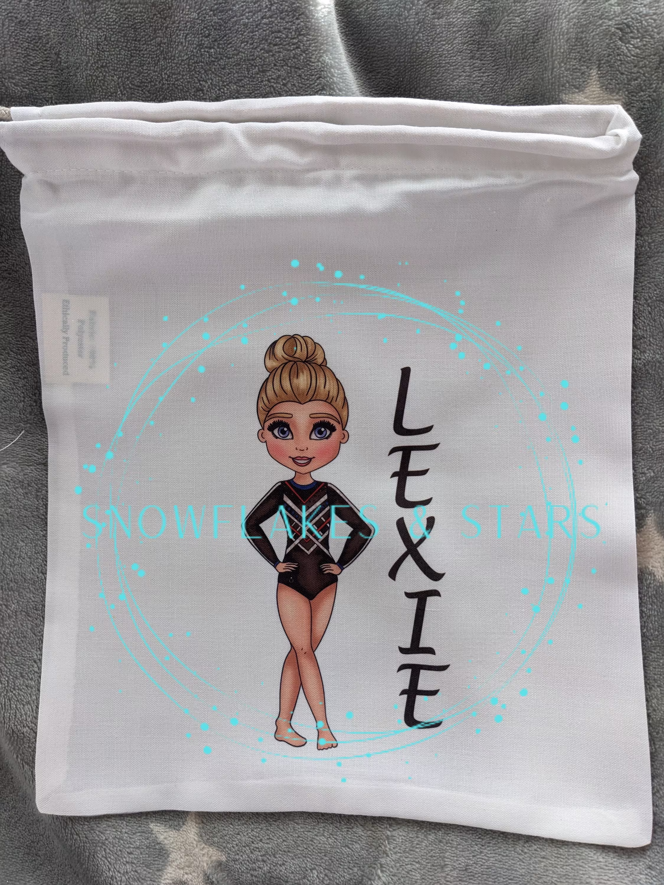 Personalised Gymnastics Drawstring Bag, White, 25cm X 30cm, With Choice Of 36 Gymnasts. Black, Red, Blue & Silver Leotard
