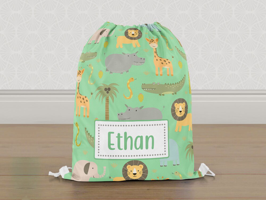 Personalised Safari Animals Zoo Gym Bag, Boys Girls Kids Drawstring Childrens School Pe Swim Bag | Customise With Any Name