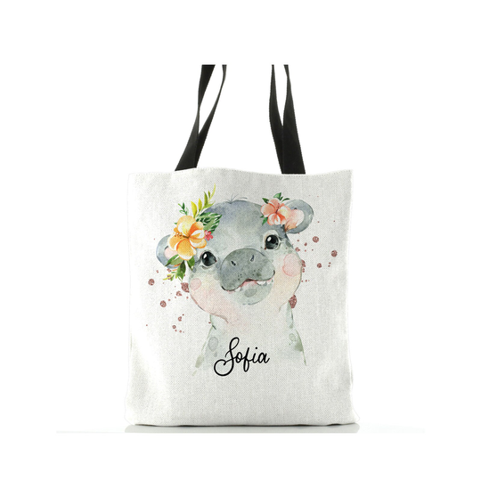 Personalised Hippo With Flowers Double Lined Tote Bag Customised Name, Ideal College Or Shopping