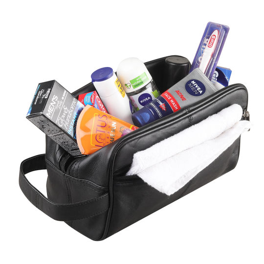 Real Leather Medium Zipped Wash Bag Toiletries Travel Cosmetic Bag Pouch