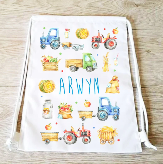 Tractor Drawstring Backpack Bag Pe Gym Boys Girls Sports Personalised School Swim Tote Farm Yard