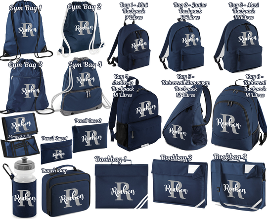 Personalised Backpack Name Initial Book Bag Pencil Case Water Bottle Gymsac Pe Boot Shoe Wallet Messenger Lunch Navy