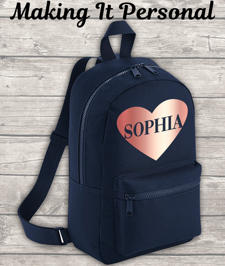 Personalised Mini Rose Gold Heart Backpack Add Your Name Back To School Kids Child Toddler
