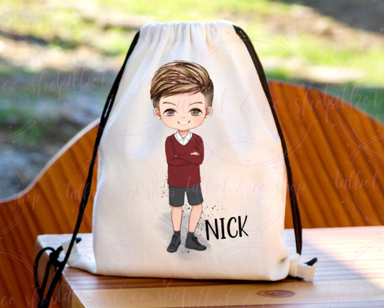 Personalised Burgundy School Boy Drawstring Bag, P.e Kit Back To Nursery Kids Swim Gym Dance