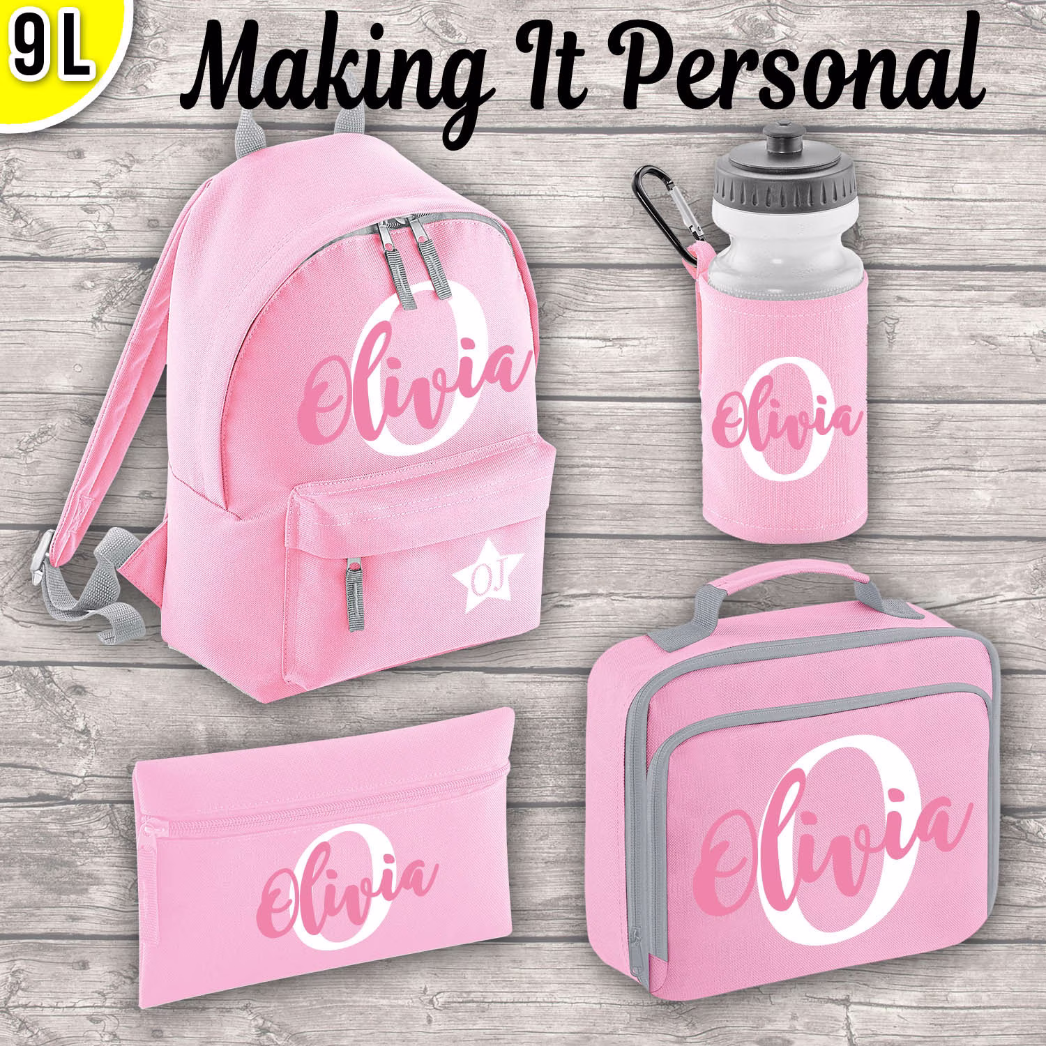 Personalised Mini 9L Kids Backpack Lunch Bag Water Bottle & Pencil Case Back To School Classic Pink Add Your Initial Name