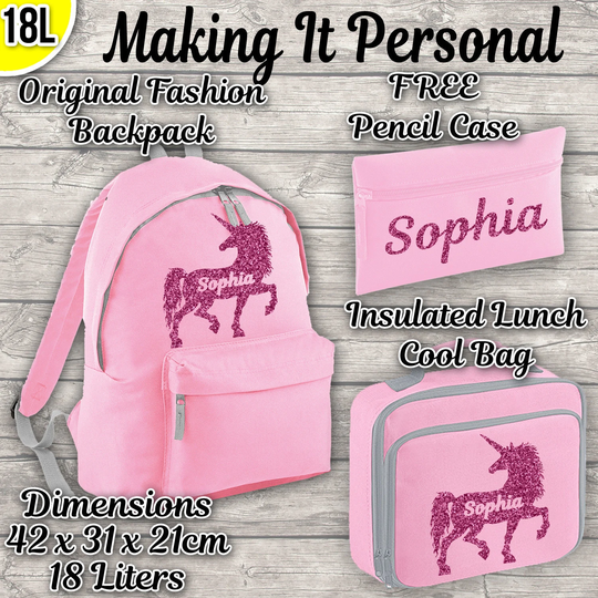 Personalised Unicorn 18L Backpack, Lunch Bag & Free Pencil Case Add Your Name Back To School Navy Black Blue Pink Backpack Kids