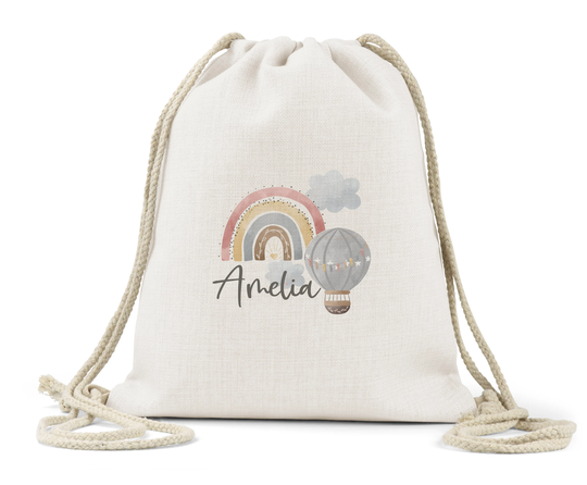Personalised Drawstring Bag Linen Kids Children's Boys Girls Backpack Toys Nappy Nursery School P.e Book Boho Rainbow & Balloon