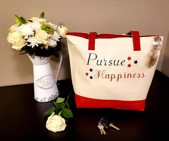 Pursue Happiness Large Tote, Patriotic Red White & Blue, Stars, Zippered Pockets, 4Th Of July Gift, Purse